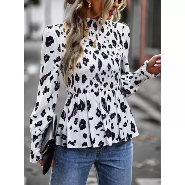 imagechouyatou Womens Floral Printed Puff Long Sleeve Flounce Boho Smocked Blouse TopsWhite