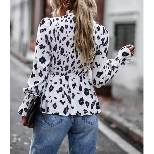 imagechouyatou Womens Floral Printed Puff Long Sleeve Flounce Boho Smocked Blouse TopsWhite