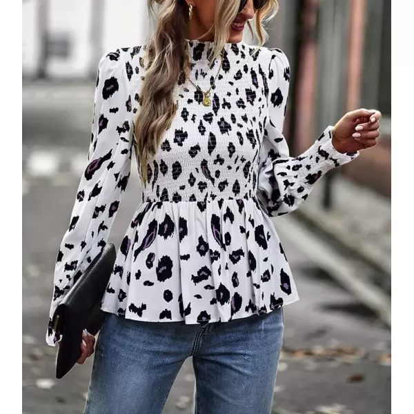 imagechouyatou Womens Floral Printed Puff Long Sleeve Flounce Boho Smocked Blouse TopsWhite