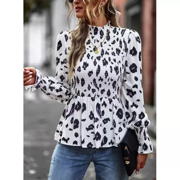imagechouyatou Womens Floral Printed Puff Long Sleeve Flounce Boho Smocked Blouse TopsWhite