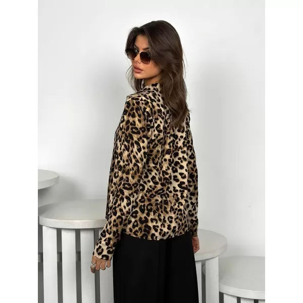 imagechouyatou Womens Leopard Floral Button Down Shirt Long Sleeve Lapel V Neck Loose Casual Work Blouse TopBrown