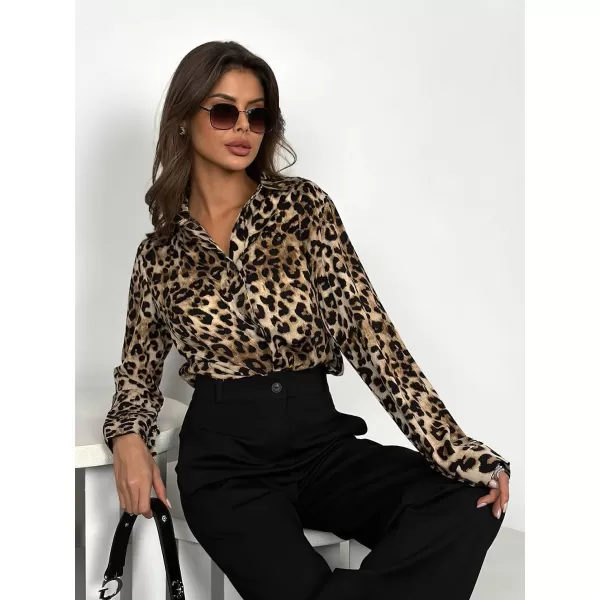 imagechouyatou Womens Leopard Floral Button Down Shirt Long Sleeve Lapel V Neck Loose Casual Work Blouse TopBrown