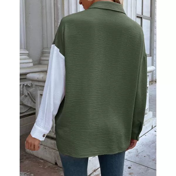 imagechouyatou Womens Loose Color Block Button Down Shirt Long Sleeve Oversized Boyfriend Blouse Spring TopsArmy Green