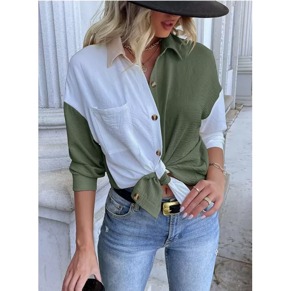 imagechouyatou Womens Loose Color Block Button Down Shirt Long Sleeve Oversized Boyfriend Blouse Spring TopsArmy Green