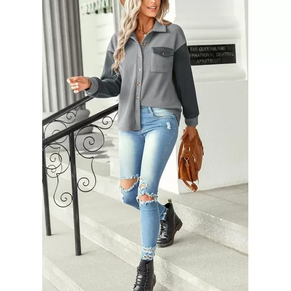 imagechouyatou Womens Oversized Color Block Shirt Flannel Button Down Spliced Shacket TopsGrey