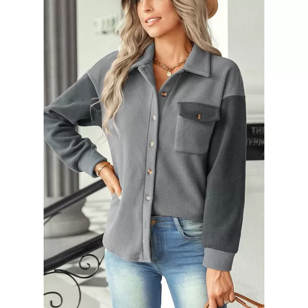imagechouyatou Womens Oversized Color Block Shirt Flannel Button Down Spliced Shacket TopsGrey