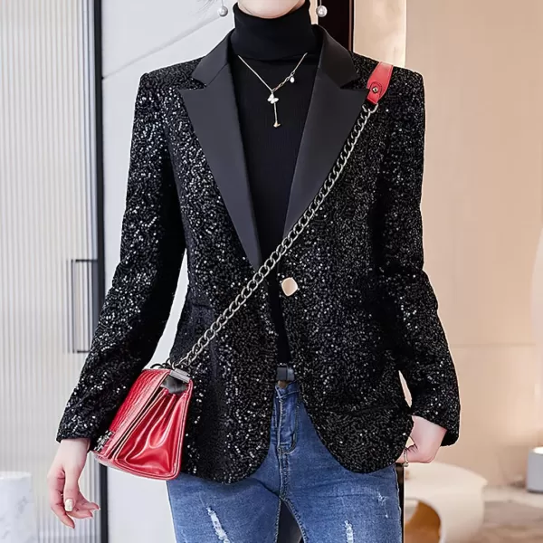imagechouyatou Womens Party Shiny Sequin Sparkly Open Front Blazer Coat Notch Lapel One Button Cardigan JacketBlack