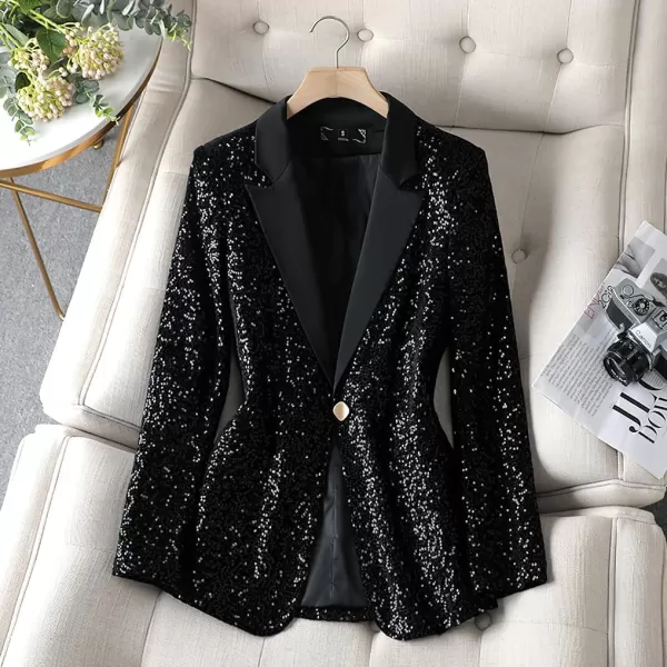 imagechouyatou Womens Party Shiny Sequin Sparkly Open Front Blazer Coat Notch Lapel One Button Cardigan JacketBlack