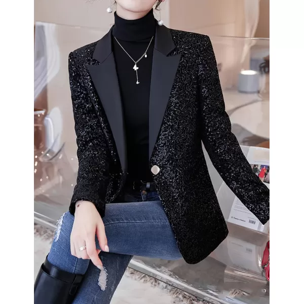imagechouyatou Womens Party Shiny Sequin Sparkly Open Front Blazer Coat Notch Lapel One Button Cardigan JacketBlack
