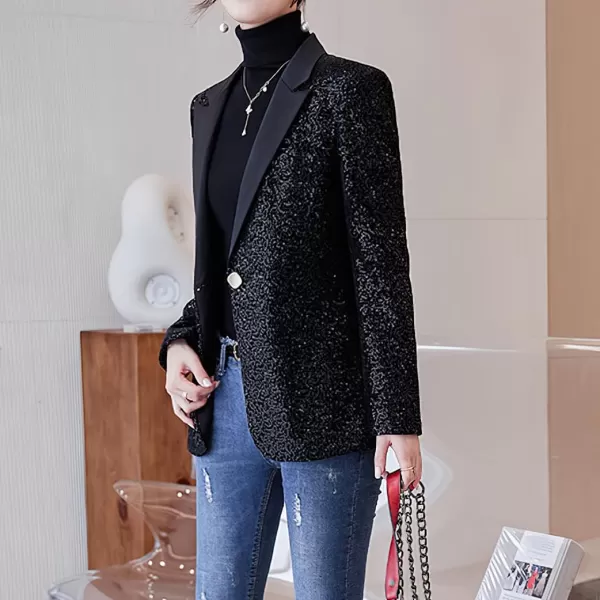 imagechouyatou Womens Party Shiny Sequin Sparkly Open Front Blazer Coat Notch Lapel One Button Cardigan JacketBlack