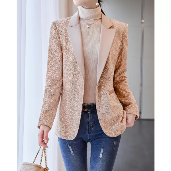 imagechouyatou Womens Party Shiny Sequin Sparkly Open Front Blazer Coat Notch Lapel One Button Cardigan JacketChampagne