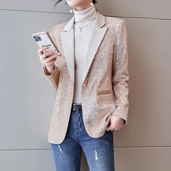 imagechouyatou Womens Party Shiny Sequin Sparkly Open Front Blazer Coat Notch Lapel One Button Cardigan JacketChampagne