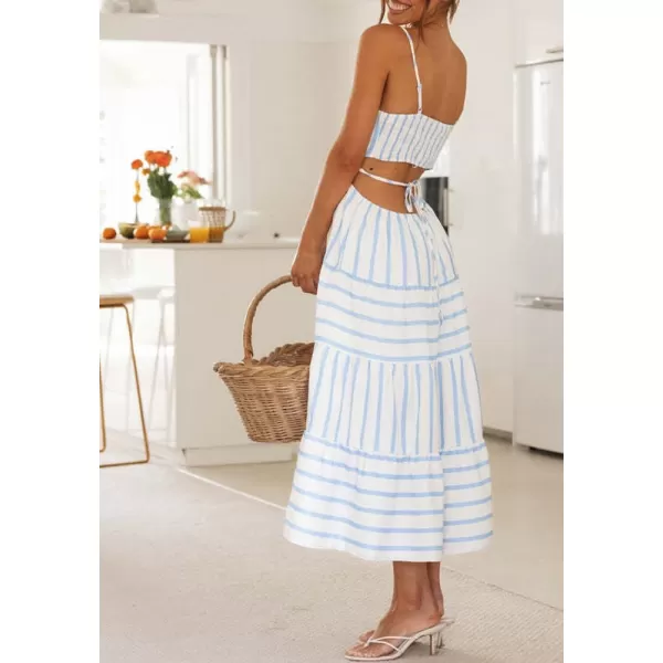 imagechouyatou Womens Sexy Spaghetti Strap Smocked Dress Back Cut Out Swing Flowy Beach Maxi DressBlue White