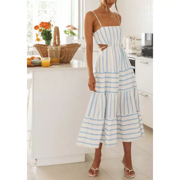imagechouyatou Womens Sexy Spaghetti Strap Smocked Dress Back Cut Out Swing Flowy Beach Maxi DressBlue White
