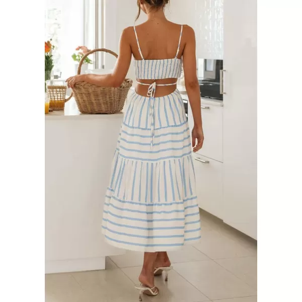 imagechouyatou Womens Sexy Spaghetti Strap Smocked Dress Back Cut Out Swing Flowy Beach Maxi DressBlue White