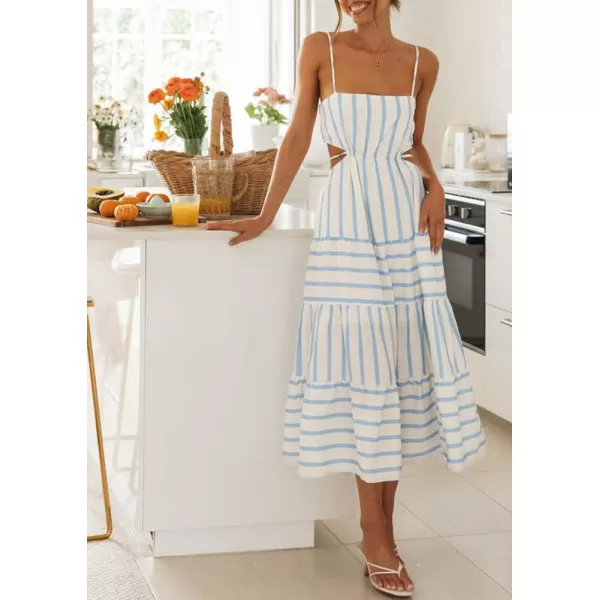 imagechouyatou Womens Sexy Spaghetti Strap Smocked Dress Back Cut Out Swing Flowy Beach Maxi DressBlue White