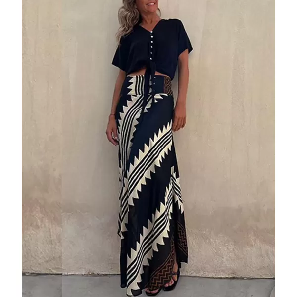 imagechouyatou Womens Smocked High Waisted Geo Striped Print Asymmetrical Hem Swing Midi Long SkirtBlack