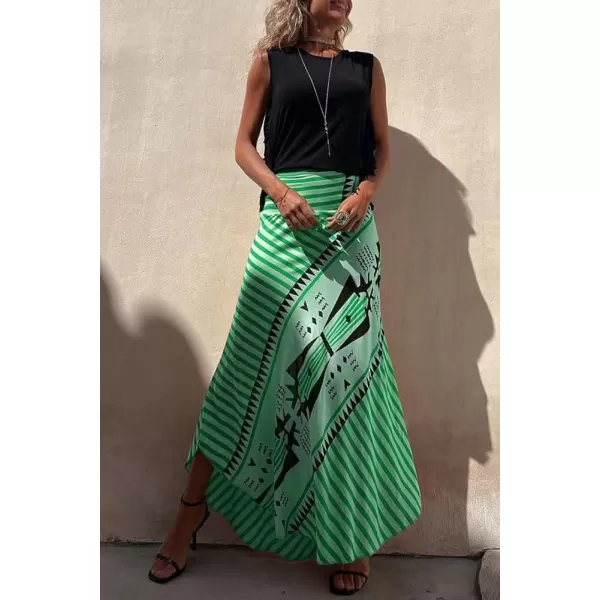 imagechouyatou Womens Smocked High Waisted Geo Striped Print Asymmetrical Hem Swing Midi Long SkirtGreen