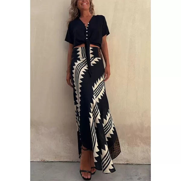 imagechouyatou Womens Smocked High Waisted Geo Striped Print Asymmetrical Hem Swing Midi Long SkirtNavy