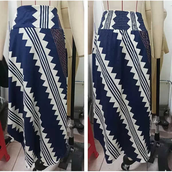 imagechouyatou Womens Smocked High Waisted Geo Striped Print Asymmetrical Hem Swing Midi Long SkirtNavy