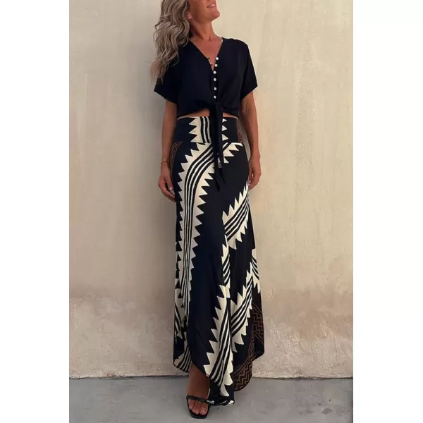 imagechouyatou Womens Smocked High Waisted Geo Striped Print Asymmetrical Hem Swing Midi Long SkirtNavy