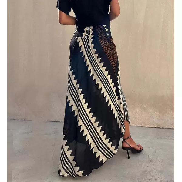 imagechouyatou Womens Smocked High Waisted Geo Striped Print Asymmetrical Hem Swing Midi Long SkirtNavy