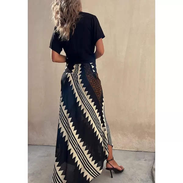 imagechouyatou Womens Smocked High Waisted Geo Striped Print Asymmetrical Hem Swing Midi Long SkirtNavy
