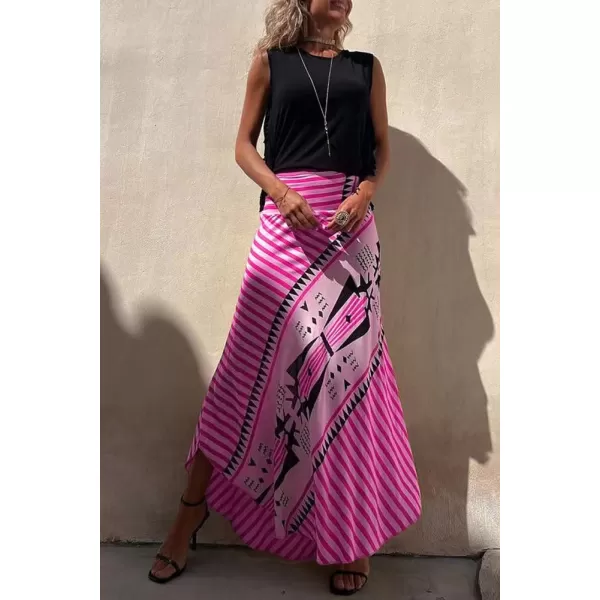 imagechouyatou Womens Smocked High Waisted Geo Striped Print Asymmetrical Hem Swing Midi Long SkirtPurple