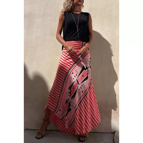 imagechouyatou Womens Smocked High Waisted Geo Striped Print Asymmetrical Hem Swing Midi Long SkirtRed