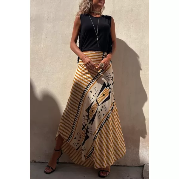 imagechouyatou Womens Smocked High Waisted Geo Striped Print Asymmetrical Hem Swing Midi Long SkirtYellow