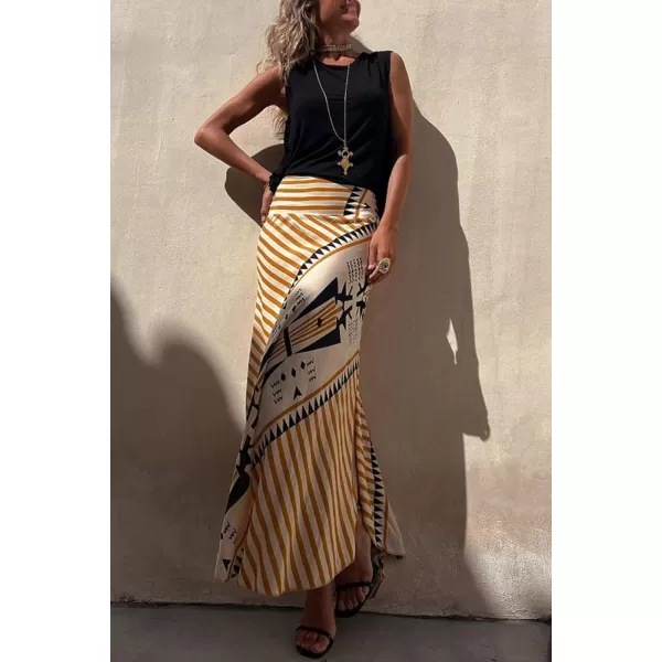 imagechouyatou Womens Smocked High Waisted Geo Striped Print Asymmetrical Hem Swing Midi Long SkirtYellow