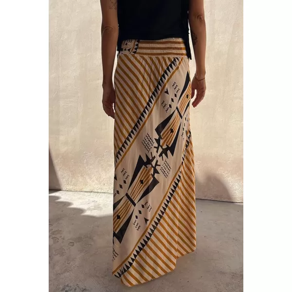 imagechouyatou Womens Smocked High Waisted Geo Striped Print Asymmetrical Hem Swing Midi Long SkirtYellow