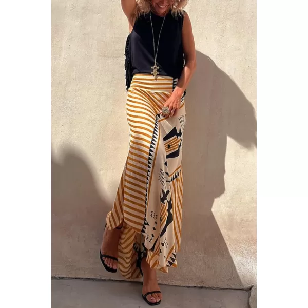 imagechouyatou Womens Smocked High Waisted Geo Striped Print Asymmetrical Hem Swing Midi Long SkirtYellow