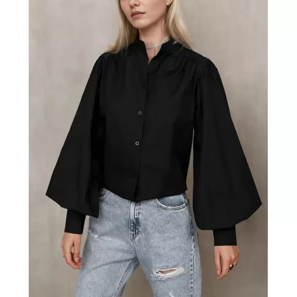 imagechouyatou Womens Spring Bishop Sleeve Button Down Shirt Band Collar Dressy Casual Top Work BlouseBlack
