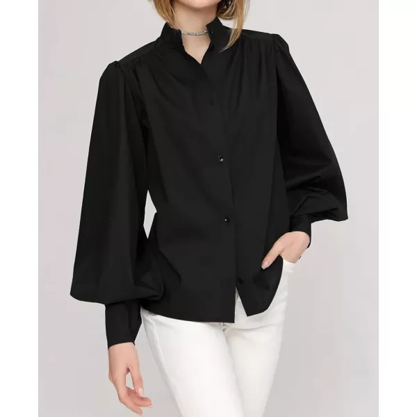 imagechouyatou Womens Spring Bishop Sleeve Button Down Shirt Band Collar Dressy Casual Top Work BlouseBlack