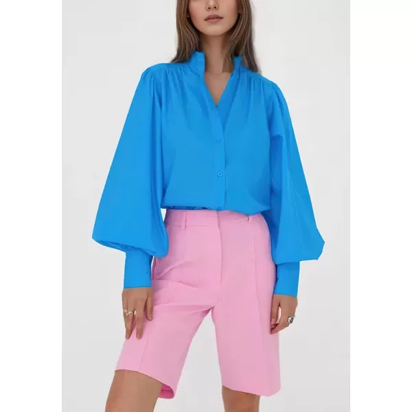 imagechouyatou Womens Spring Bishop Sleeve Button Down Shirt Band Collar Dressy Casual Top Work BlouseBlue
