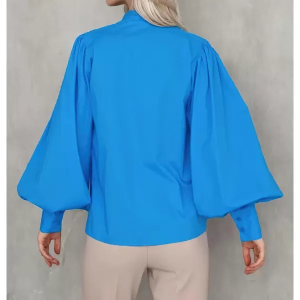 imagechouyatou Womens Spring Bishop Sleeve Button Down Shirt Band Collar Dressy Casual Top Work BlouseBlue