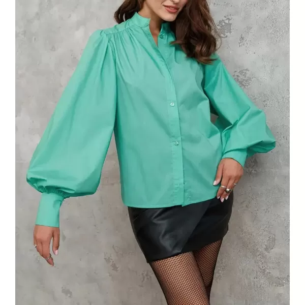 imagechouyatou Womens Spring Bishop Sleeve Button Down Shirt Band Collar Dressy Casual Top Work BlouseGreen