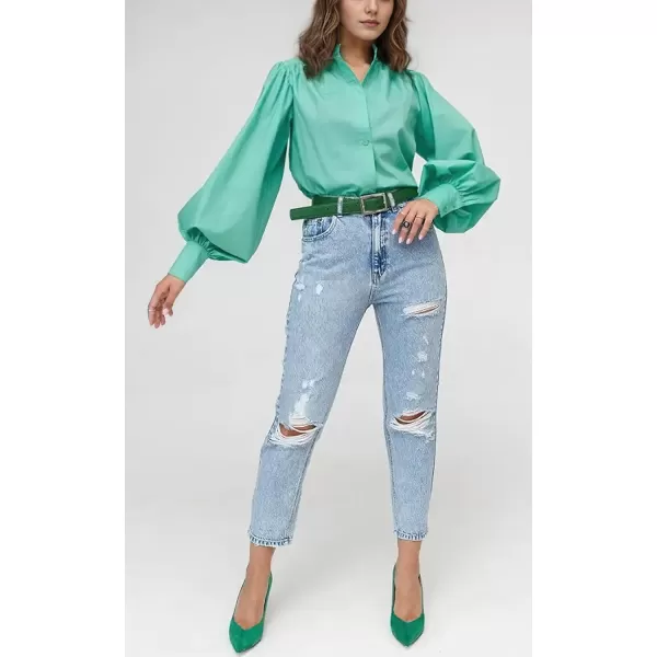 imagechouyatou Womens Spring Bishop Sleeve Button Down Shirt Band Collar Dressy Casual Top Work BlouseGreen
