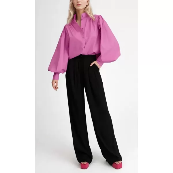 imagechouyatou Womens Spring Bishop Sleeve Button Down Shirt Band Collar Dressy Casual Top Work BlousePink