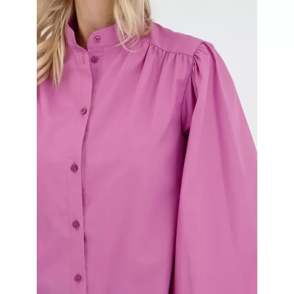 imagechouyatou Womens Spring Bishop Sleeve Button Down Shirt Band Collar Dressy Casual Top Work BlousePink