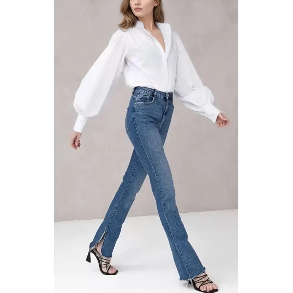 imagechouyatou Womens Spring Bishop Sleeve Button Down Shirt Band Collar Dressy Casual Top Work BlouseWhite