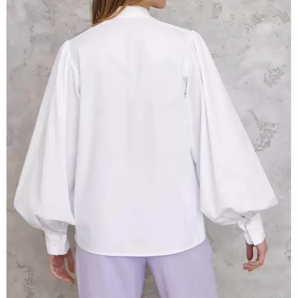 imagechouyatou Womens Spring Bishop Sleeve Button Down Shirt Band Collar Dressy Casual Top Work BlouseWhite