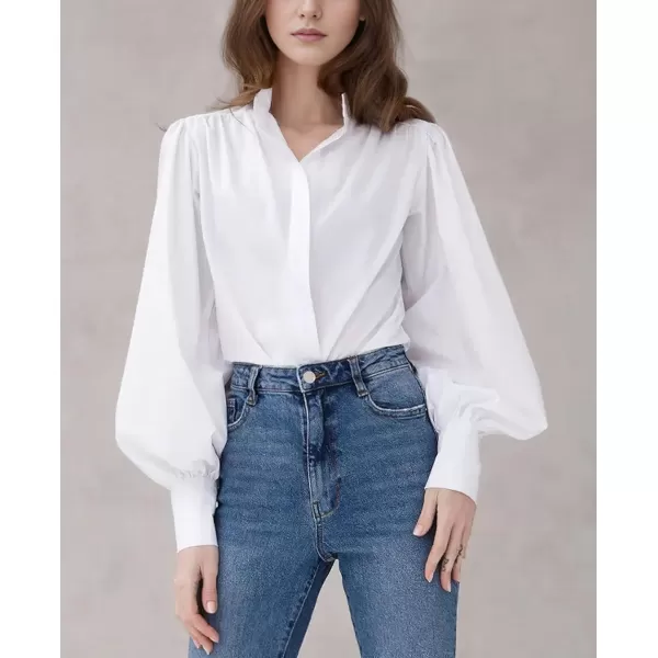 imagechouyatou Womens Spring Bishop Sleeve Button Down Shirt Band Collar Dressy Casual Top Work BlouseWhite