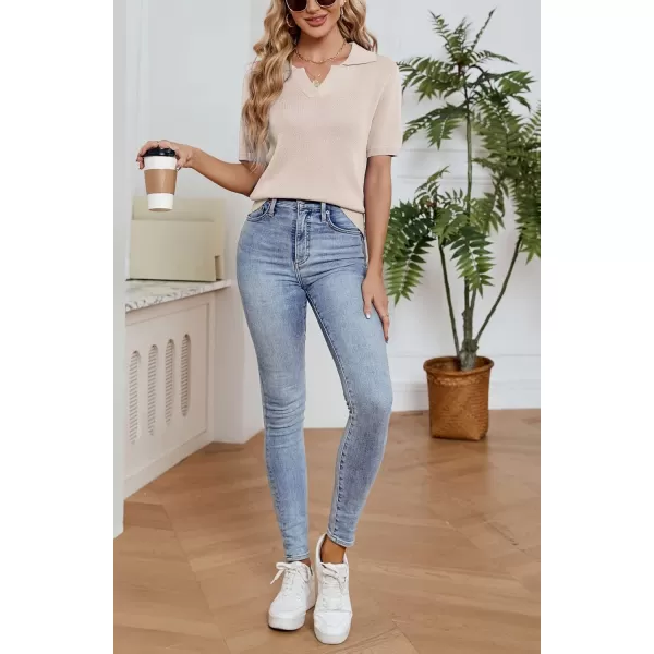 imagechouyatou Womens Spring Summer Short Sleeve Sweater Business Casual Top Blouse Polo TShirtApricot