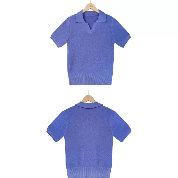 imagechouyatou Womens Spring Summer Short Sleeve Sweater Business Casual Top Blouse Polo TShirtBlue