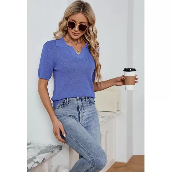 imagechouyatou Womens Spring Summer Short Sleeve Sweater Business Casual Top Blouse Polo TShirtBlue
