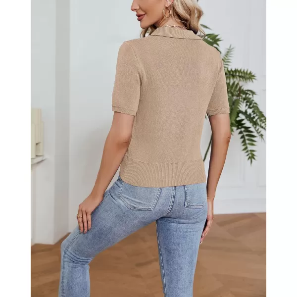 imagechouyatou Womens Spring Summer Short Sleeve Sweater Business Casual Top Blouse Polo TShirtKhaki