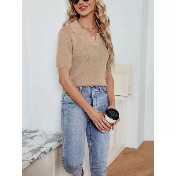 imagechouyatou Womens Spring Summer Short Sleeve Sweater Business Casual Top Blouse Polo TShirtKhaki