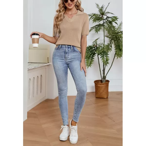 imagechouyatou Womens Spring Summer Short Sleeve Sweater Business Casual Top Blouse Polo TShirtKhaki